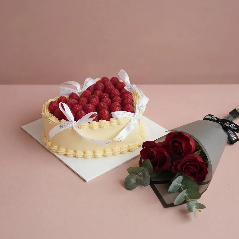 Heart Cake and Red Rose Combo